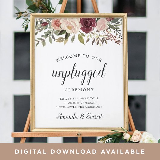 Rustic Bloom Unplugged Ceremony Wedding Sign Poster