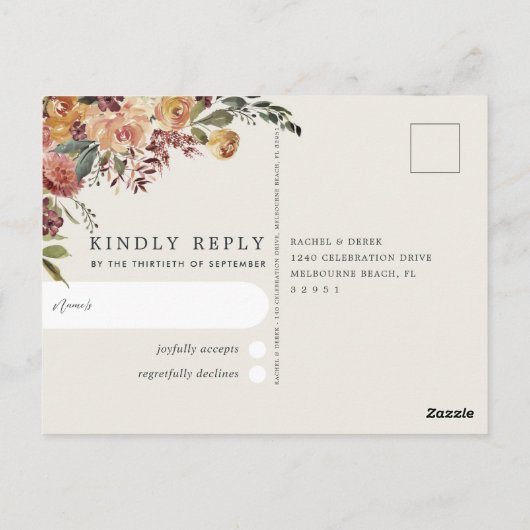Rustic Bloom Waterverf Floral Wedding RSVP Briefkaart (Achterkant)