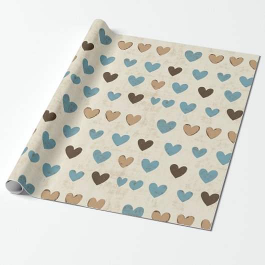 Rustic Blue and Brown Heart Pattern for Father’s  Cadeaupapier (Uitgerold)