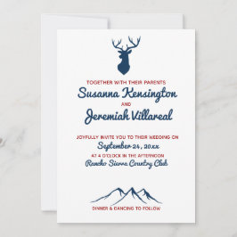 Rustic Blue and Red Deer Country Mountain Wedding Kaart