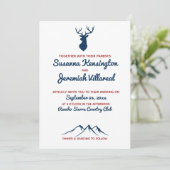 Rustic Blue and Red Deer Country Mountain Wedding Kaart (Staand voorkant)