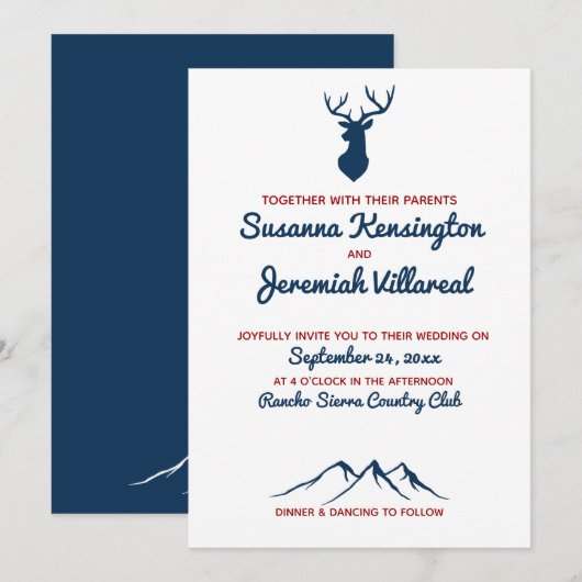 Rustic Blue and Red Deer Country Mountain Wedding Kaart (Voorkant / Achterkant)