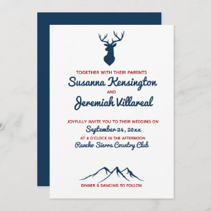 Rustic Blue and Red Deer Country Mountain Wedding Kaart