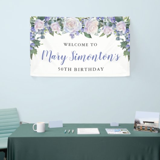 Rustic Blue and White Floral 50th Birthday Spandoek (Beurs)