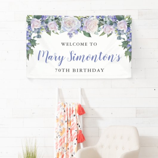 Rustic Blue and White Floral 70th Birthday Spandoek (Insitu)