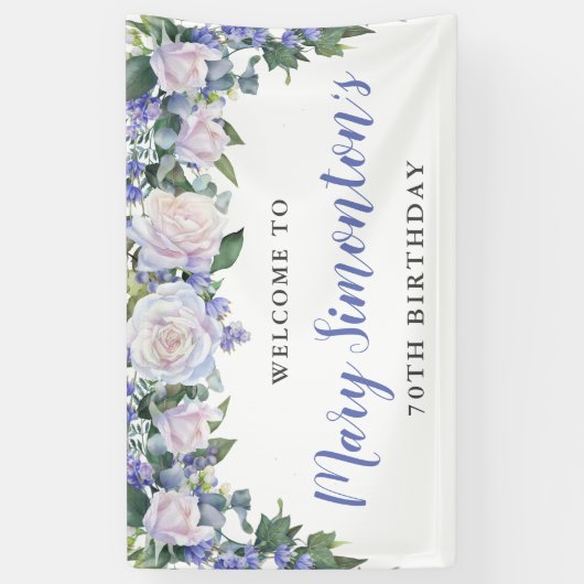 Rustic Blue and White Floral 70th Birthday Spandoek (Verticaal)
