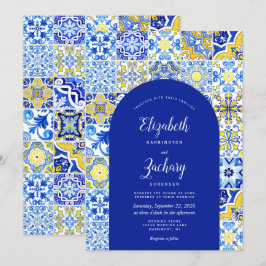 Rustic Blue Arch Yellow Portugese Tegel Wedding Kaart
