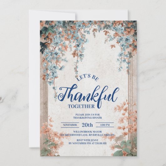 Rustic Blue Autumn Vine Thanksgiving Dinner Kaart (Voorkant)