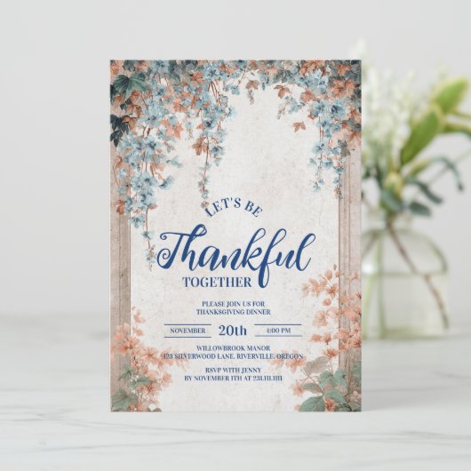 Rustic Blue Autumn Vine Thanksgiving Dinner Kaart (Staand voorkant)