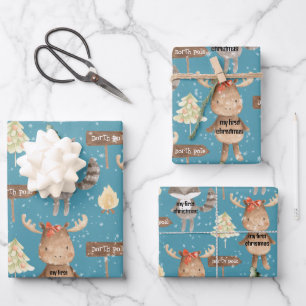 Rustic Blue Baby Eerste Kerstmis Dieren Voeg Naam Inpakpapier Vel