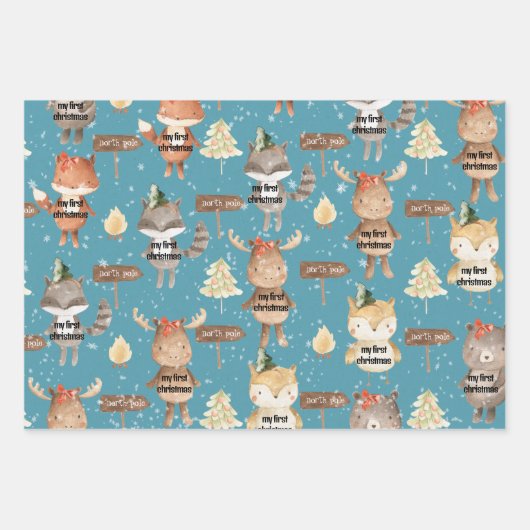 Rustic Blue Baby First Christmas Animals Add Name Inpakpapier Vel (Voorkant 2)