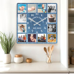 Rustic Blue Barn Wood Farmhouse 12 Foto Collage Vierkante Klok<br><div class="desc">Rustic Blue Barn Wood Farmhouse 12 Foto Collage Square Wall Clock. Grote,  mooie witte schuur  hout,  op maat gemaakt met de familienaam jaar heeft de klok van het muurdecor vastgezet. De perfecte houten plank zoekt elk huis of keuken.</div>