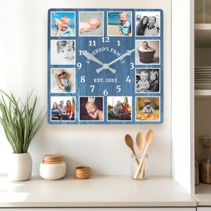 Rustic Blue Barn Wood Farmhouse 12 Foto Collage Vierkante Klok