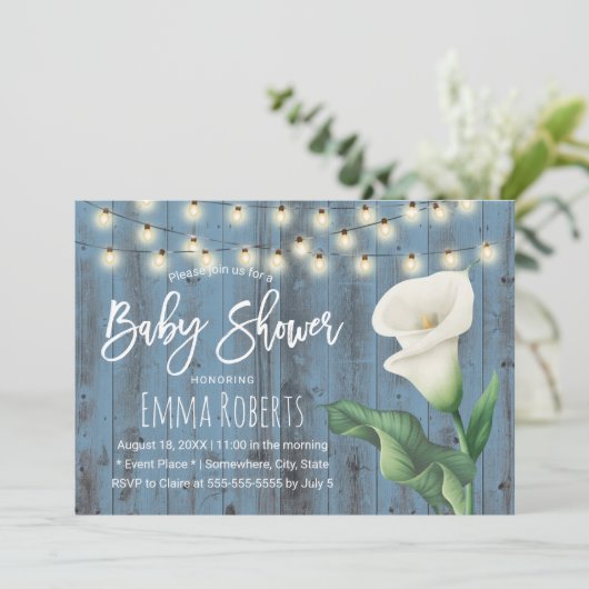 Rustic Blue Barn Wood Lily Floral Baby shower Kaart (Staand voorkant)