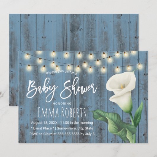 Rustic Blue Barn Wood Lily Floral Baby shower Kaart (Voorkant / Achterkant)