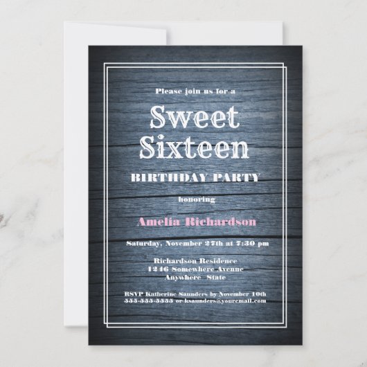 Rustic Blue Barn Wood Sweet 16 Birthday Party Kaart (Voorkant)