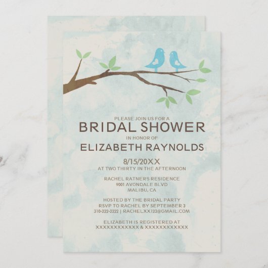 Rustic Blue Bird Bridal Shower Invitations Kaart (Voorkant / Achterkant)