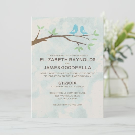 Rustic Blue Bird Wedding Invitations Kaart (Staand voorkant)