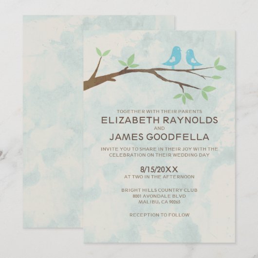 Rustic Blue Bird Wedding Invitations Kaart (Voorkant / Achterkant)