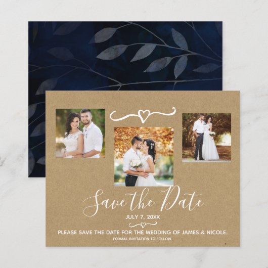 Rustic Blue Bladeren Trouwfoto Save the Date (Voorkant / Achterkant)