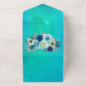 Rustic Blue Blauwgroen Waterverf Peony Wedding All In One Uitnodiging (Buitenkant)