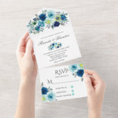 Rustic Blue Blauwgroen Waterverf Peony Wedding All In One Uitnodiging (Afscheurbaar)
