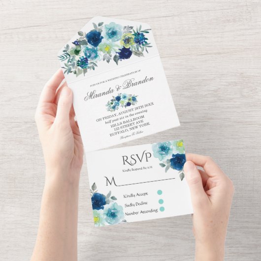 Rustic Blue Blauwgroen Waterverf Peony Wedding All In One Uitnodiging (Afscheurbaar)
