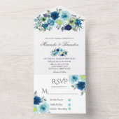 Rustic Blue Blauwgroen Waterverf Peony Wedding All In One Uitnodiging (Binnen)