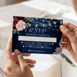 Rustic Blue Blush Floral String Lights Wedding RSVP Kaartje