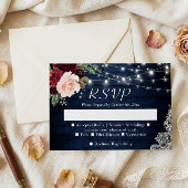 Rustic Blue Blush Floral String Lights Wedding RSVP Kaartje
