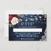 Rustic Blue Blush Floral String Lights Wedding RSVP Kaartje (Voorkant)