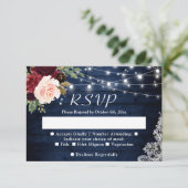 Rustic Blue Blush Floral String Lights Wedding RSVP Kaartje (Staand voorkant)