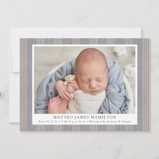 Rustic Blue Boerderij Linnen Strepen Foto Geboorte Aankondiging (Voorkant)