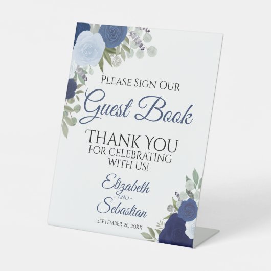 Rustic Blue Boho Floral Onderteken ons gastboek Reclamebord Met Voetstuk (Voorkant)