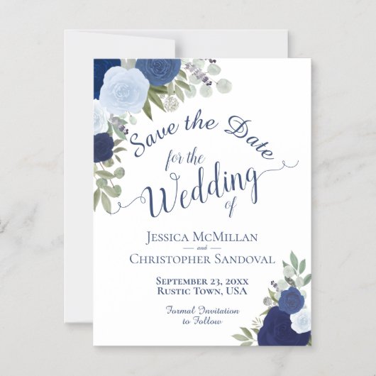Rustic Blue Boho Floral Wedding Save the Date Magnetische Uitnodiging (Voorkant)