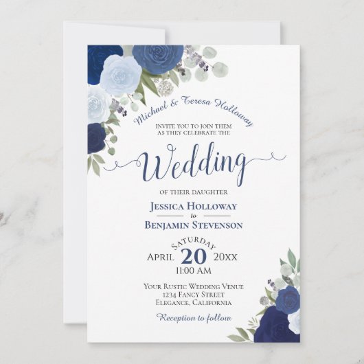 Rustic Blue Boho Waterverf Rozen Formele bruiloft Kaart (Voorkant)
