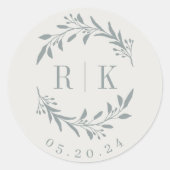 Rustic Blue Botanische Krans Trouw Monogram Ronde Sticker (Voorkant)