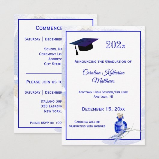 Rustic Blue Bottle Lavendel Floral Afstuderen Aankondiging (Voorkant / Achterkant)