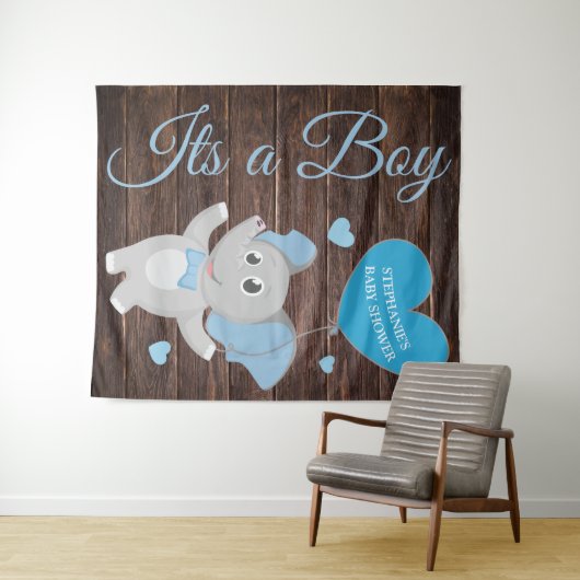 Rustic Blue Boy Elephant Baby shower Backdrop Wandkleed (In Situ (horizontaal))
