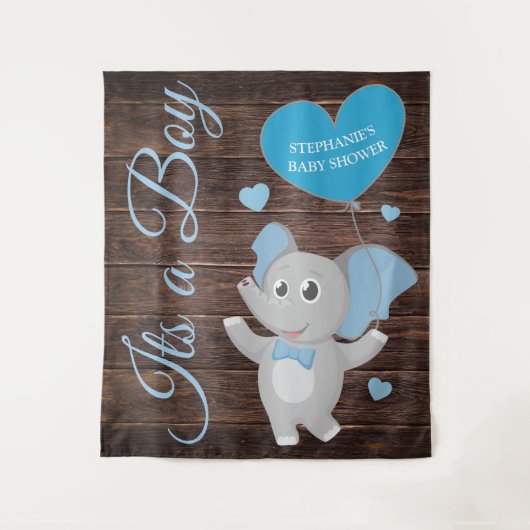 Rustic Blue Boy Elephant Baby shower Backdrop Wandkleed (Voorkant)