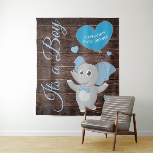 Rustic Blue Boy Olifant Baby Shower Achtergrond Wandkleed (In situ)