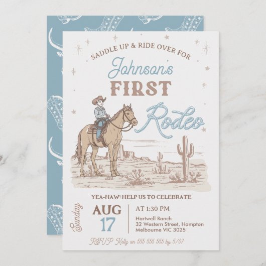 Rustic Blue Brown Cowboy Eerste Rodeo 1e Verjaarda Kaart (Voorkant / Achterkant)