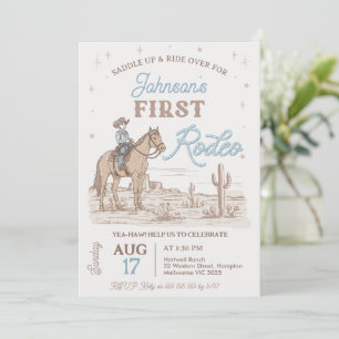 Rustic Blue Brown Cowboy Eerste Rodeo 1e Verjaarda Kaart