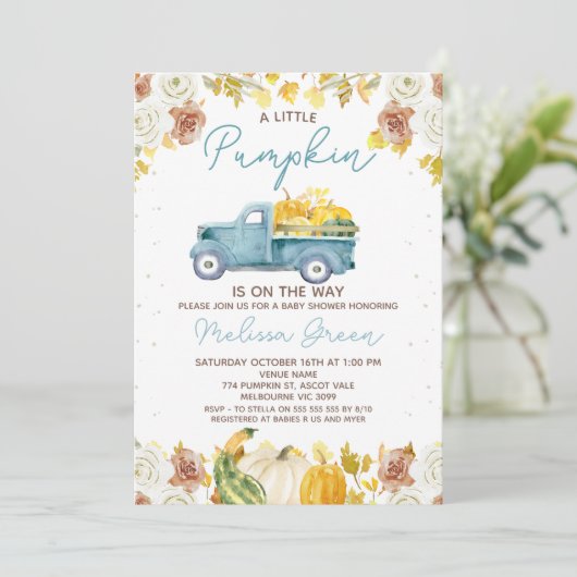 Rustic Blue Brown Fall Pumpkin Truck Baby Shower Kaart (Staand voorkant)