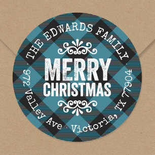 Rustic Blue Buffalo Check Holiday Return-adres Ronde Sticker