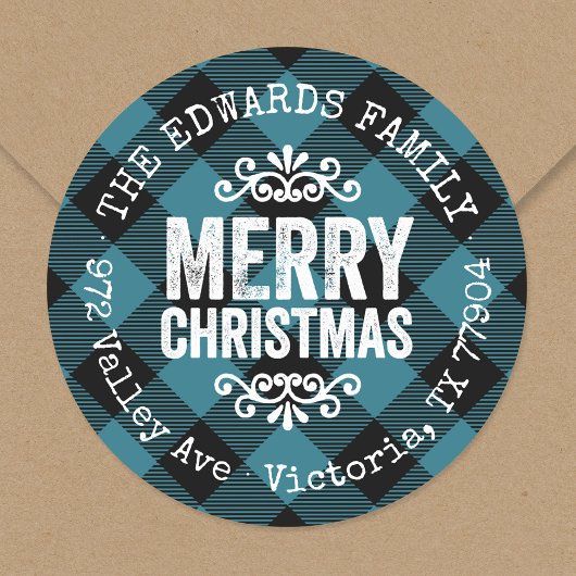 Rustic Blue Buffalo Check Holiday Return-adres Ronde Sticker