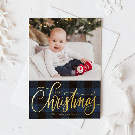 Rustic Blue Buffalo Pset Merry-kerstfoto Folie Feestdagenkaart
