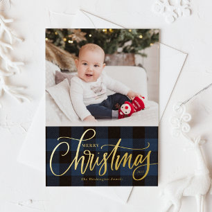 Rustic Blue Buffalo Pset Merry-kerstfoto Folie Feestdagenkaart