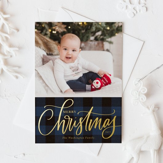 Rustic Blue Buffalo Pset Merry-kerstfoto Folie Feestdagenkaart
