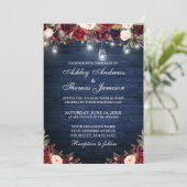 Rustic Blue Burgundy Floral Jar Lights Wedding Kaart (Staand voorkant)